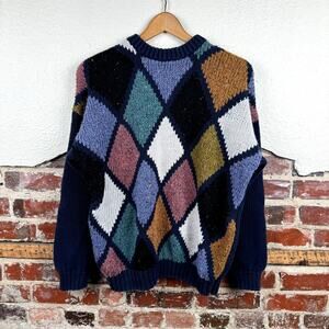 Vintage Etchings Sweater Sz Medium Blue Multicolor Diamond Pattern Crewneck 90s